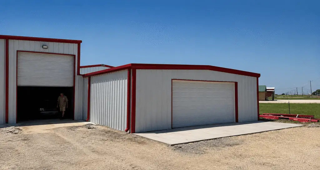 Custom metal garage in Abilene TX with white steel panels, red trim and overhead garage door